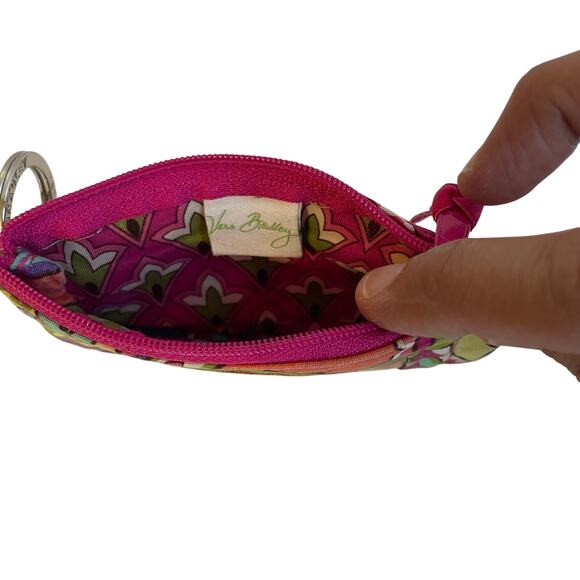 Vera Bradley Pink Swirl Paisley Floral Cotton Mini Zip ID Wallet Silver Key Ring - Picture 5 of 11